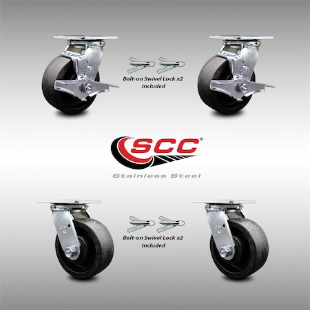 Service Caster 5 Inch SS Glass Filled Nylon Caster Set with Roll Bearings 4 Swivel Lock 2 Brake SCC-SS30S520-GFNR-TLB-BSL-2-BSL-2